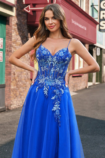 Royal Blue Tulle A-Line Spaghetti Straps Corset Long Prom Dress with Slit