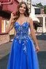 Load image into Gallery viewer, Royal Blue Tulle A-Line Spaghetti Straps Corset Long Prom Dress with Slit