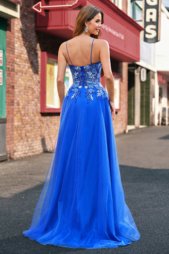 Royal Blue Tulle A-Line Spaghetti Straps Corset Long Prom Dress with Slit