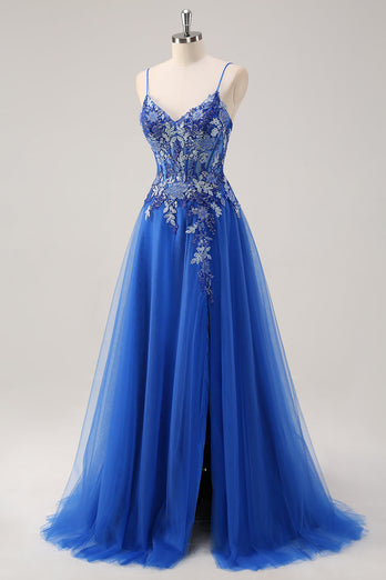 Royal Blue A Line Spaghetti Straps Corset Tulle Prom Dress With Appliques