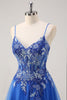 Load image into Gallery viewer, Royal Blue A Line Spaghetti Straps Corset Tulle Prom Dress With Appliques