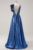 Load image into Gallery viewer, Royal Blue A Line Deep V-Neck Metallic Prom Dress with Flowerl Shoulder Detail