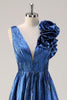 Load image into Gallery viewer, Royal Blue A Line Deep V-Neck Metallic Prom Dress with Flowerl Shoulder Detail