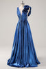 Load image into Gallery viewer, Royal Blue A Line Deep V-Neck Metallic Prom Dress with Flowerl Shoulder Detail