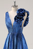 Load image into Gallery viewer, Royal Blue A Line Deep V-Neck Metallic Prom Dress with Flowerl Shoulder Detail