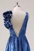 Load image into Gallery viewer, Royal Blue A Line Deep V-Neck Metallic Prom Dress with Flowerl Shoulder Detail