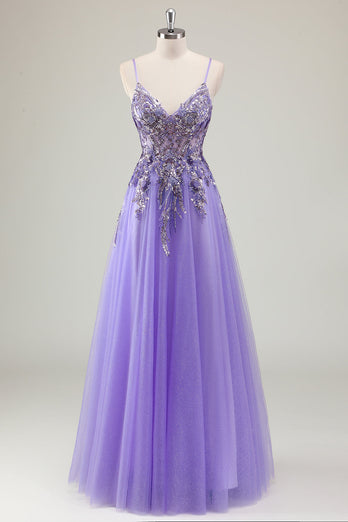 Purple A Line Spaghetti Straps Sequin Tulle Prom Dress with Appliques