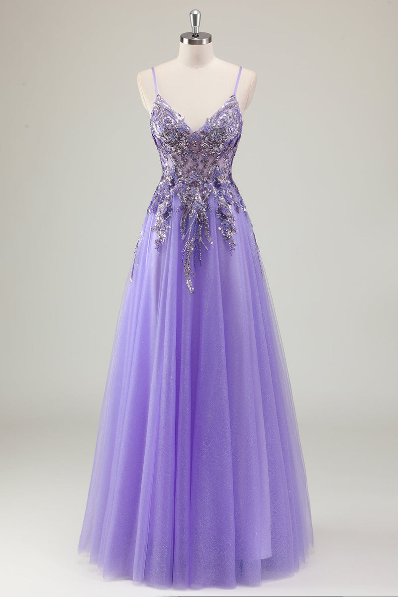 Load image into Gallery viewer, Purple A Line Spaghetti Straps Sequin Tulle Prom Dress with Appliques