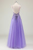 Load image into Gallery viewer, Purple A Line Spaghetti Straps Sequin Tulle Prom Dress with Appliques