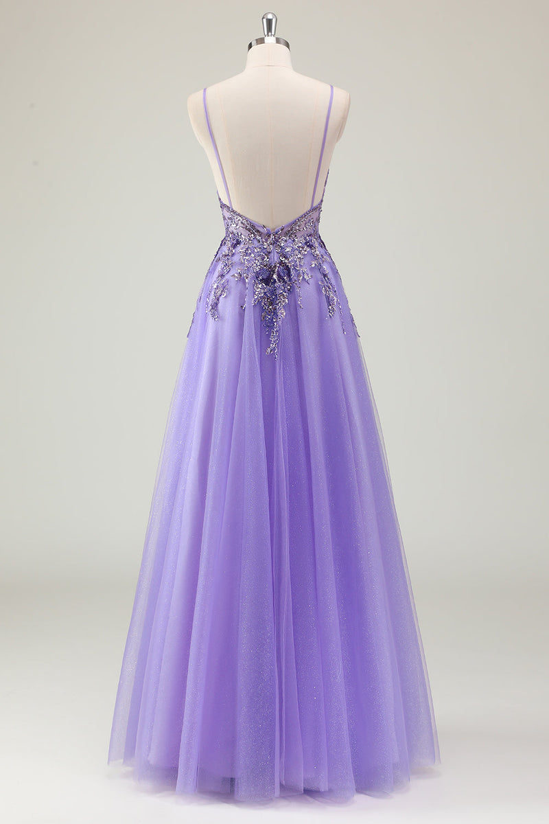 Load image into Gallery viewer, Purple A Line Spaghetti Straps Sequin Tulle Prom Dress with Appliques