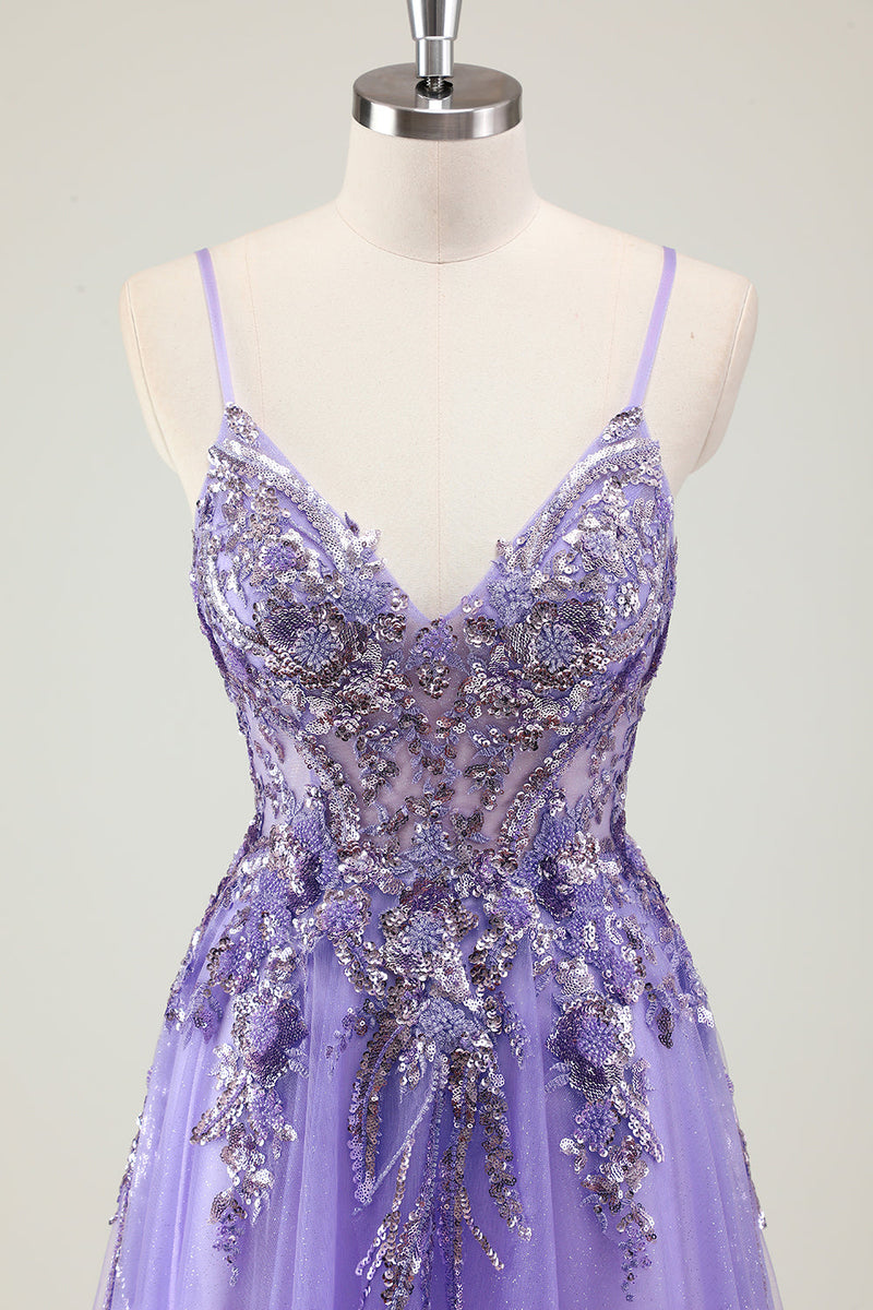 Load image into Gallery viewer, Purple A Line Spaghetti Straps Sequin Tulle Prom Dress with Appliques