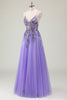 Load image into Gallery viewer, Purple A Line Spaghetti Straps Sequin Tulle Prom Dress with Appliques