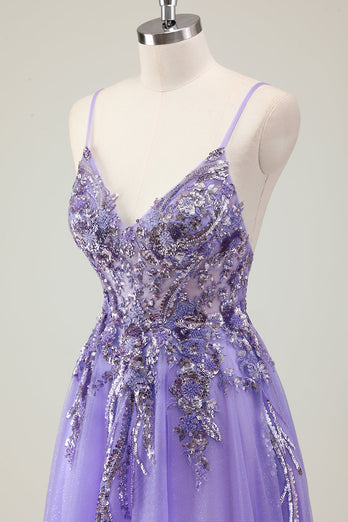 Purple A Line Spaghetti Straps Sequin Tulle Prom Dress with Appliques