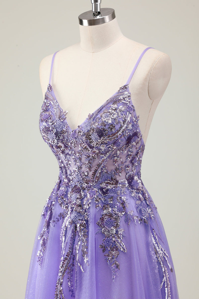 Load image into Gallery viewer, Purple A Line Spaghetti Straps Sequin Tulle Prom Dress with Appliques