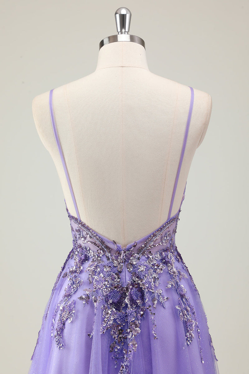 Load image into Gallery viewer, Purple A Line Spaghetti Straps Sequin Tulle Prom Dress with Appliques