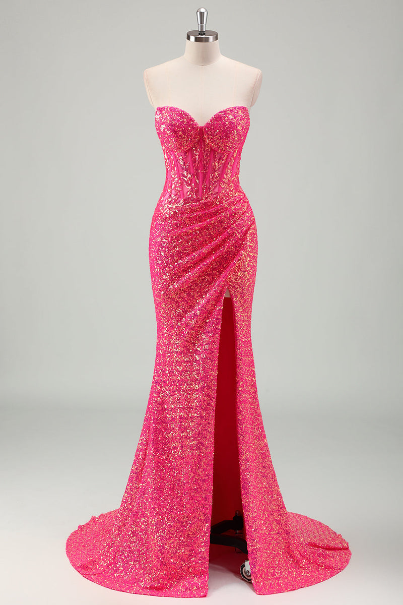 Load image into Gallery viewer, Sparkly Fuchsia Mermaid Strapless Corset Sequins Long Prom Dress with Slit