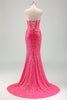 Load image into Gallery viewer, Sparkly Fuchsia Mermaid Strapless Corset Sequins Long Prom Dress with Slit