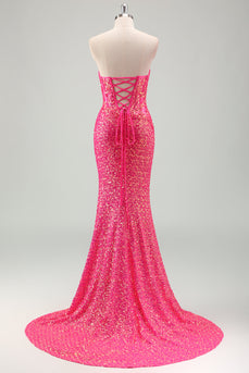 Sparkly Fuchsia Mermaid Strapless Corset Sequins Long Prom Dress with Slit