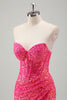 Load image into Gallery viewer, Sparkly Fuchsia Mermaid Strapless Corset Sequins Long Prom Dress with Slit