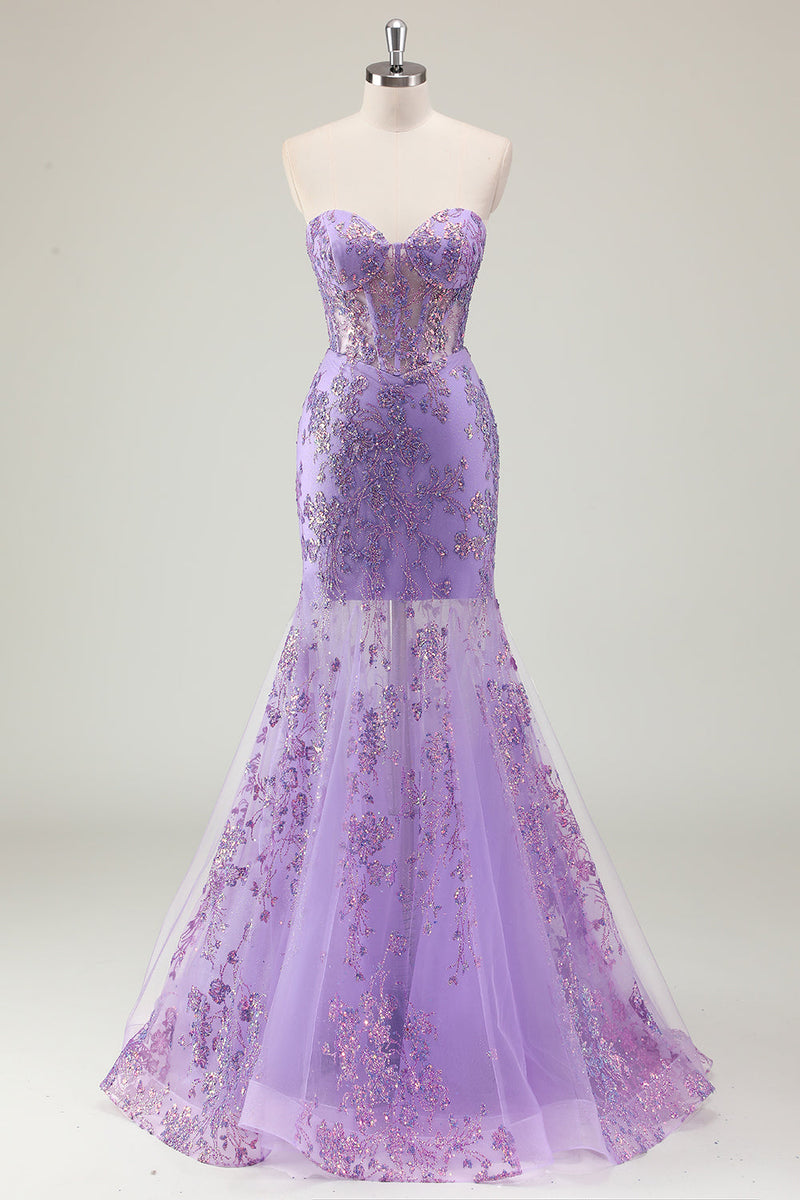 Load image into Gallery viewer, Purple Mermaid Corset Strapless Long Prom Dress with Appliques