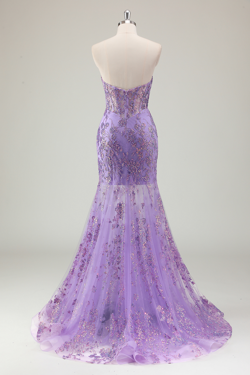 Load image into Gallery viewer, Purple Mermaid Corset Strapless Long Prom Dress with Appliques