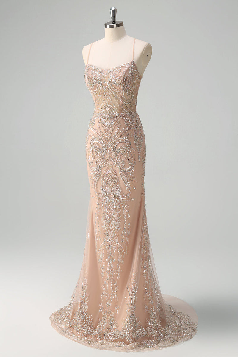 Load image into Gallery viewer, Sparkly Champagne Mermaid Spaghetti Straps Corset Long Prom Dress