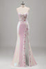 Load image into Gallery viewer, Sparkly Pink Mermaid Spaghetti Straps Corset Flowers Sequins Long Prom Dress with Slit