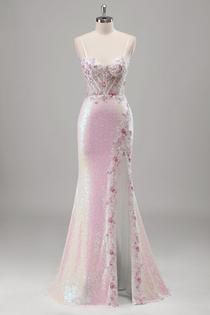 Load image into Gallery viewer, Sparkly Pink Mermaid Spaghetti Straps Corset Flowers Sequins Long Prom Dress with Slit