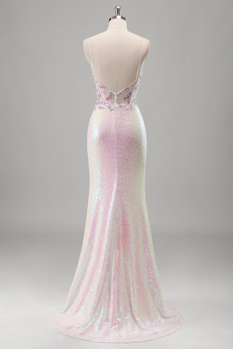 Load image into Gallery viewer, Sparkly Pink Mermaid Spaghetti Straps Corset Flowers Sequins Long Prom Dress with Slit