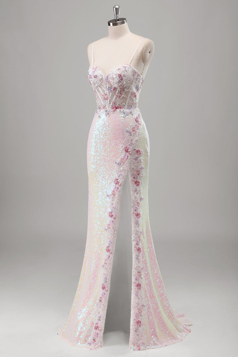 Load image into Gallery viewer, Sparkly Pink Mermaid Spaghetti Straps Corset Flowers Sequins Long Prom Dress with Slit