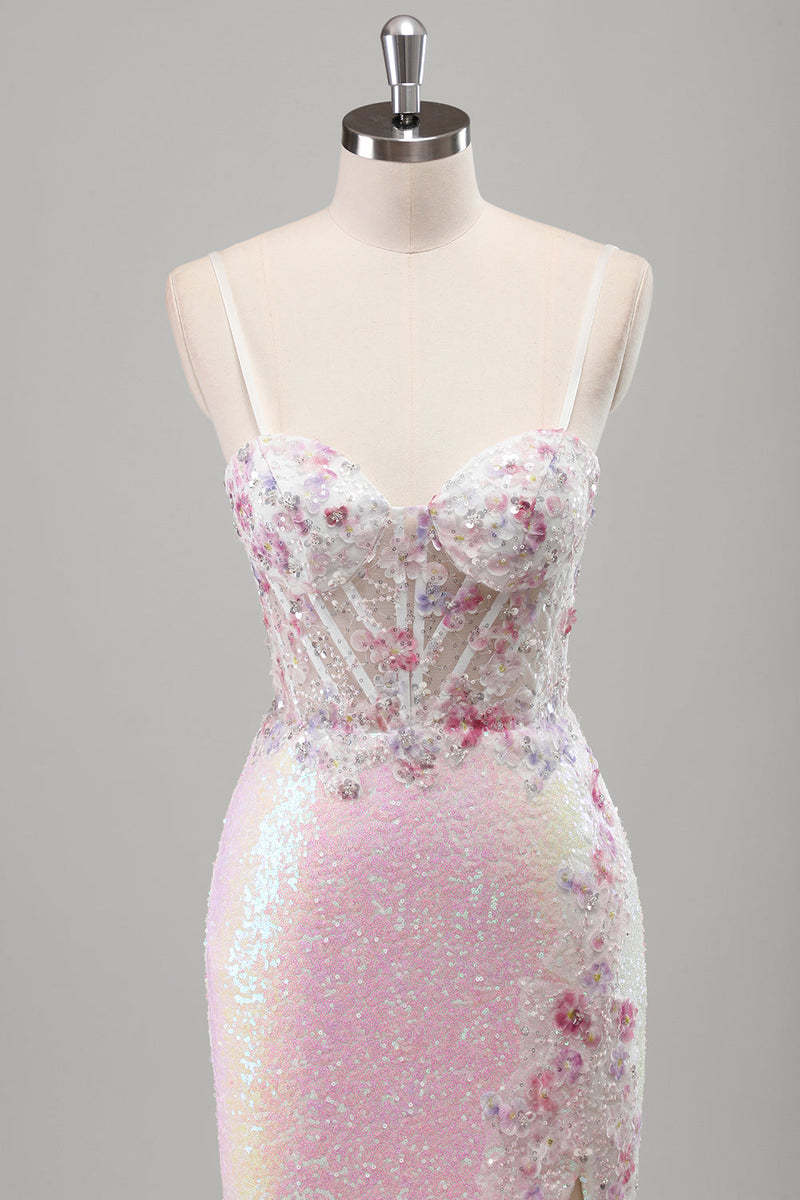 Load image into Gallery viewer, Sparkly Pink Mermaid Spaghetti Straps Corset Flowers Sequins Long Prom Dress with Slit