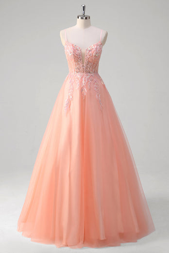 Sparkly Peach A-Line Corset Tulle Long Prom Dress with Beaded