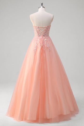 Sparkly Peach A-Line Corset Tulle Long Prom Dress with Beaded