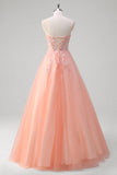 Sparkly Peach A-Line Corset Tulle Long Prom Dress with Beaded
