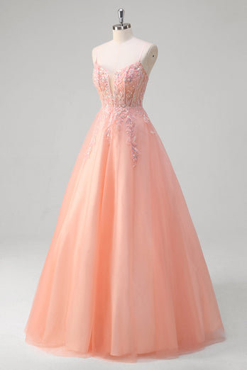 Sparkly Peach A-Line Corset Tulle Long Prom Dress with Beaded