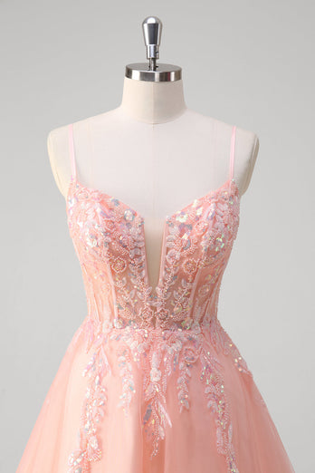 Sparkly Peach A-Line Corset Tulle Long Prom Dress with Beaded