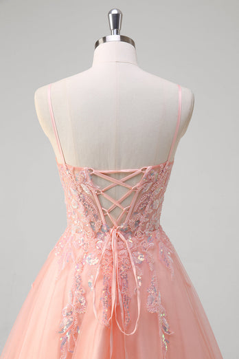 Sparkly Peach A-Line Corset Tulle Long Prom Dress with Beaded