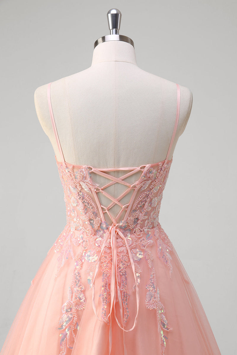 Load image into Gallery viewer, Sparkly Peach A-Line Corset Tulle Long Prom Dress with Beaded