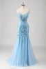 Load image into Gallery viewer, Blue Mermaid Spaghetti Straps Appliqued Long Prom Dress with Slit