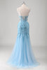 Load image into Gallery viewer, Blue Mermaid Spaghetti Straps Appliqued Long Prom Dress with Slit