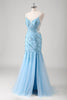 Load image into Gallery viewer, Blue Mermaid Spaghetti Straps Appliqued Long Prom Dress with Slit