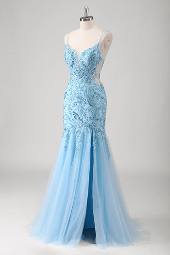 Blue Mermaid Spaghetti Straps Appliqued Long Prom Dress with Slit