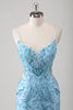 Load image into Gallery viewer, Blue Mermaid Spaghetti Straps Appliqued Long Prom Dress with Slit