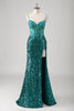 Load image into Gallery viewer, Peacock Green Mermaid Spaghetti Straps Long Prom Dress With Sequins