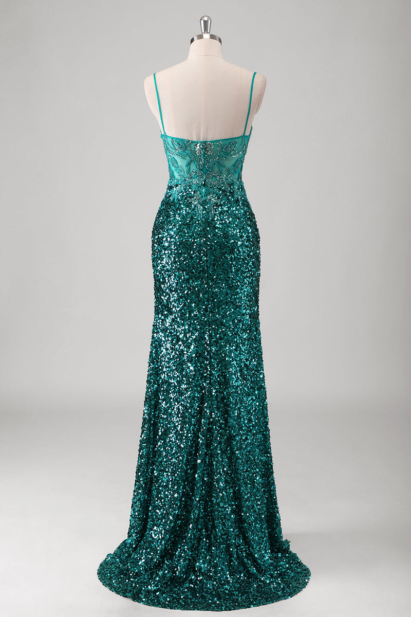 Load image into Gallery viewer, Peacock Green Mermaid Spaghetti Straps Long Prom Dress With Sequins