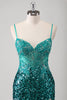 Load image into Gallery viewer, Peacock Green Mermaid Spaghetti Straps Long Prom Dress With Sequins