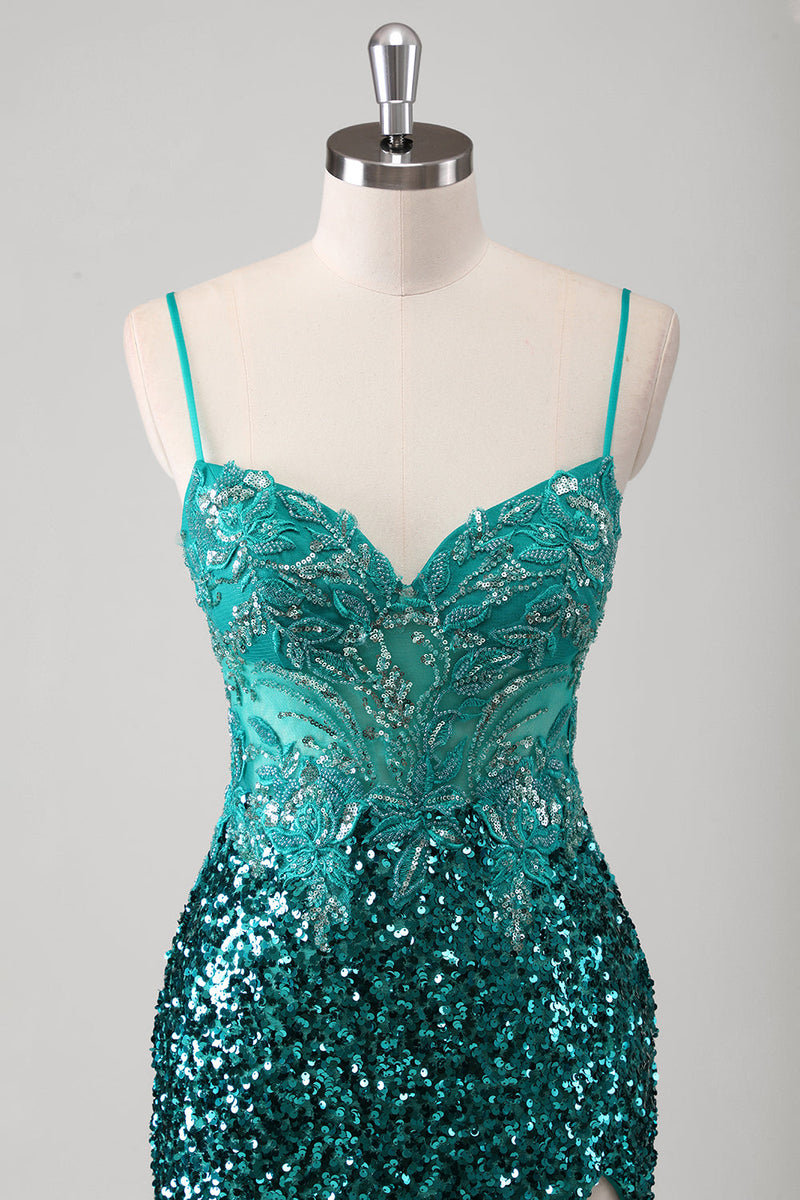 Load image into Gallery viewer, Peacock Green Mermaid Spaghetti Straps Long Prom Dress With Sequins