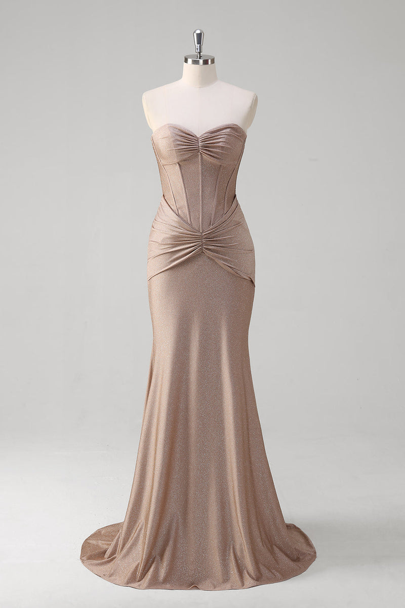 Load image into Gallery viewer, Khaki Mermaid Strapless Corset Pleated Prom Dress