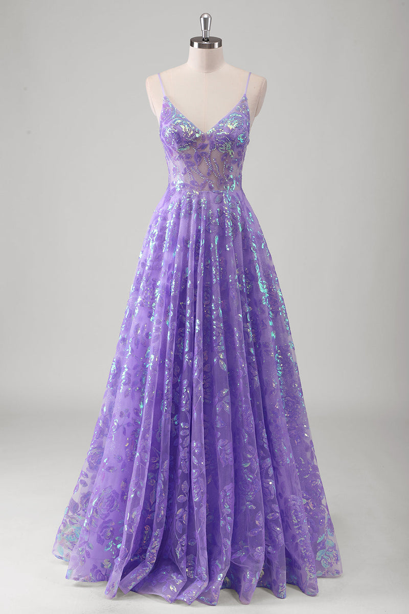 Load image into Gallery viewer, Purple A Line Spaghetti Straps Long Printed Prom Dress With Sequins