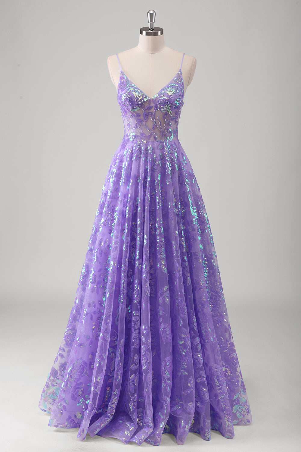 Purple A Line Spaghetti Straps Long Printed Prom Dress With Sequins